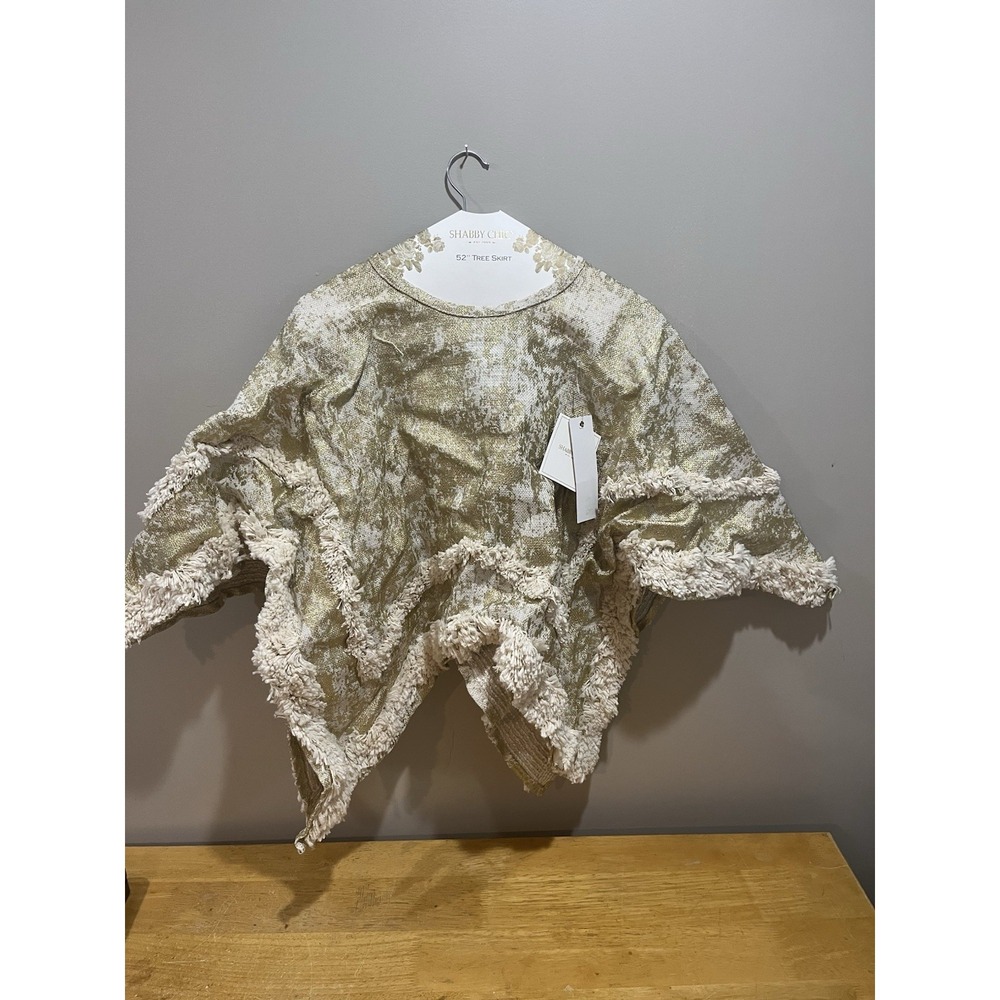 SHABBY CHIC Gold Cream Star Shaped 52" Christmas Tree Skirt Boho Shiny Yarn